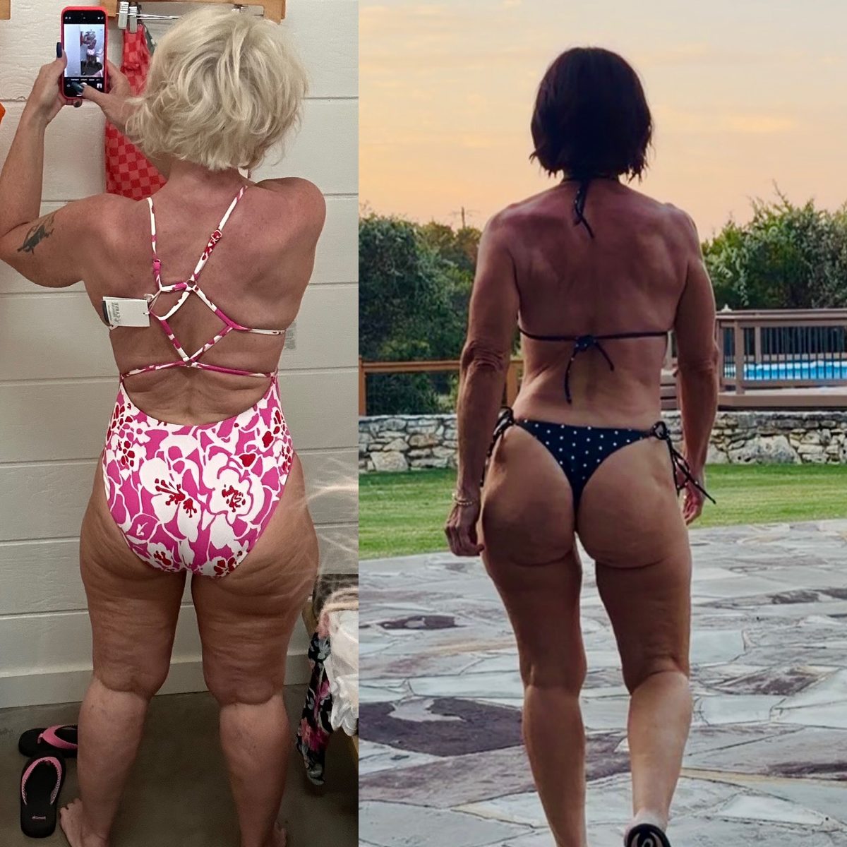 Sandi Krakowski before and after, back view: before in a pink one-piece swimsuit, after in a bikini at dusk